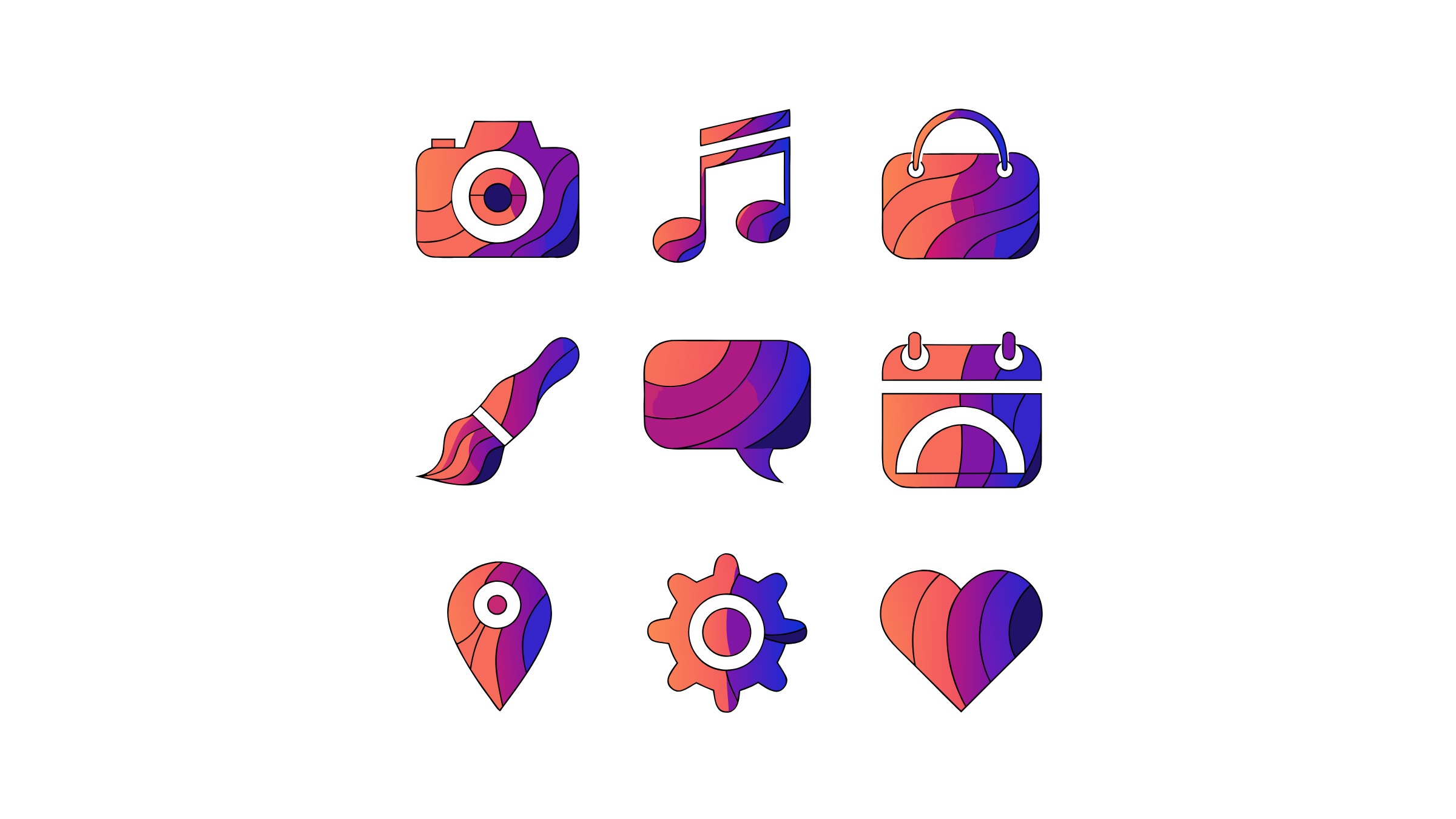 Nine flat vector app icons generated with Recraft V4 Pro SVG in coral-to-violet gradients