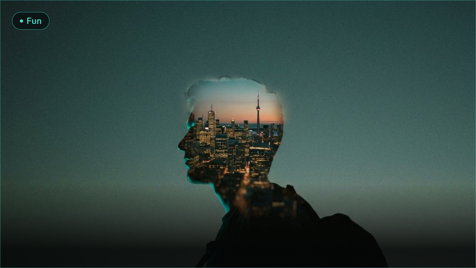 AI-generated double-exposure travel poster: a traveler's silhouette blended with the Tokyo skyline at dusk, teal-and-amber gradient