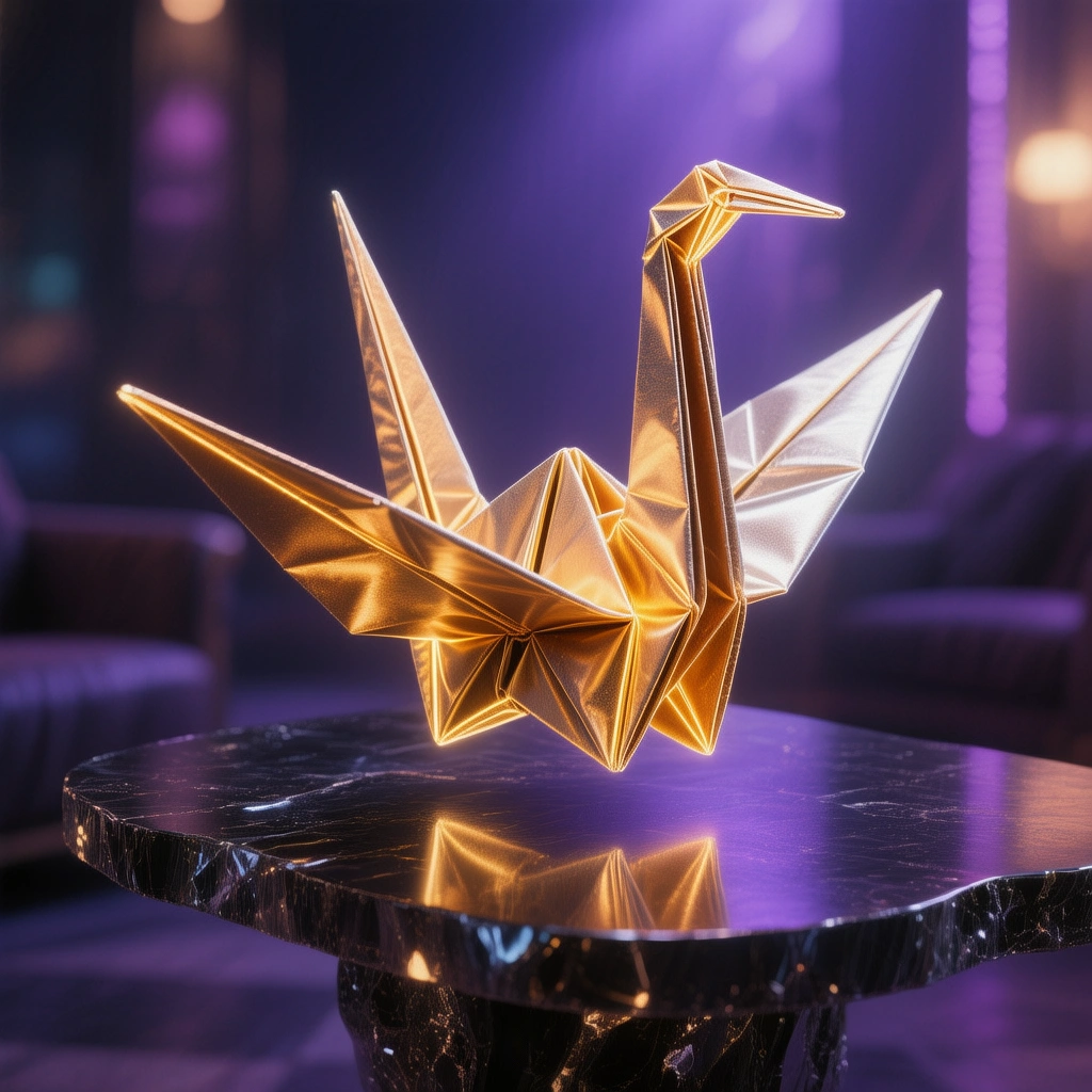 A single glowing origami crane made of folded light hovering above a dark obsidian table, generated with Hunyuan Image 3