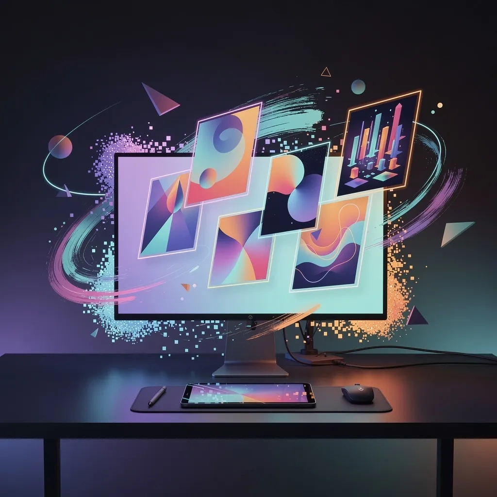 Colorful abstract digital artwork representing AI image generation with geometric shapes and glowing elements