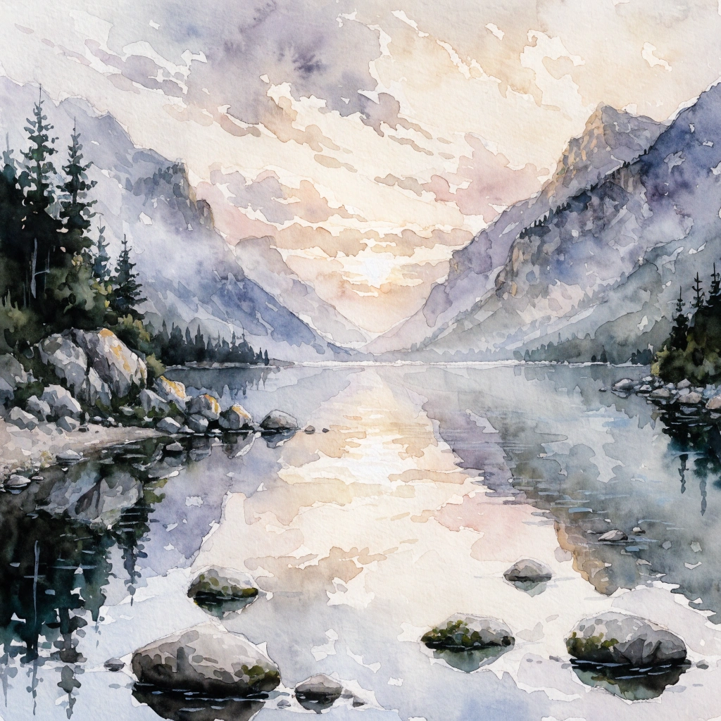 Watercolor mountain lake at sunrise, generated by Recraft V4