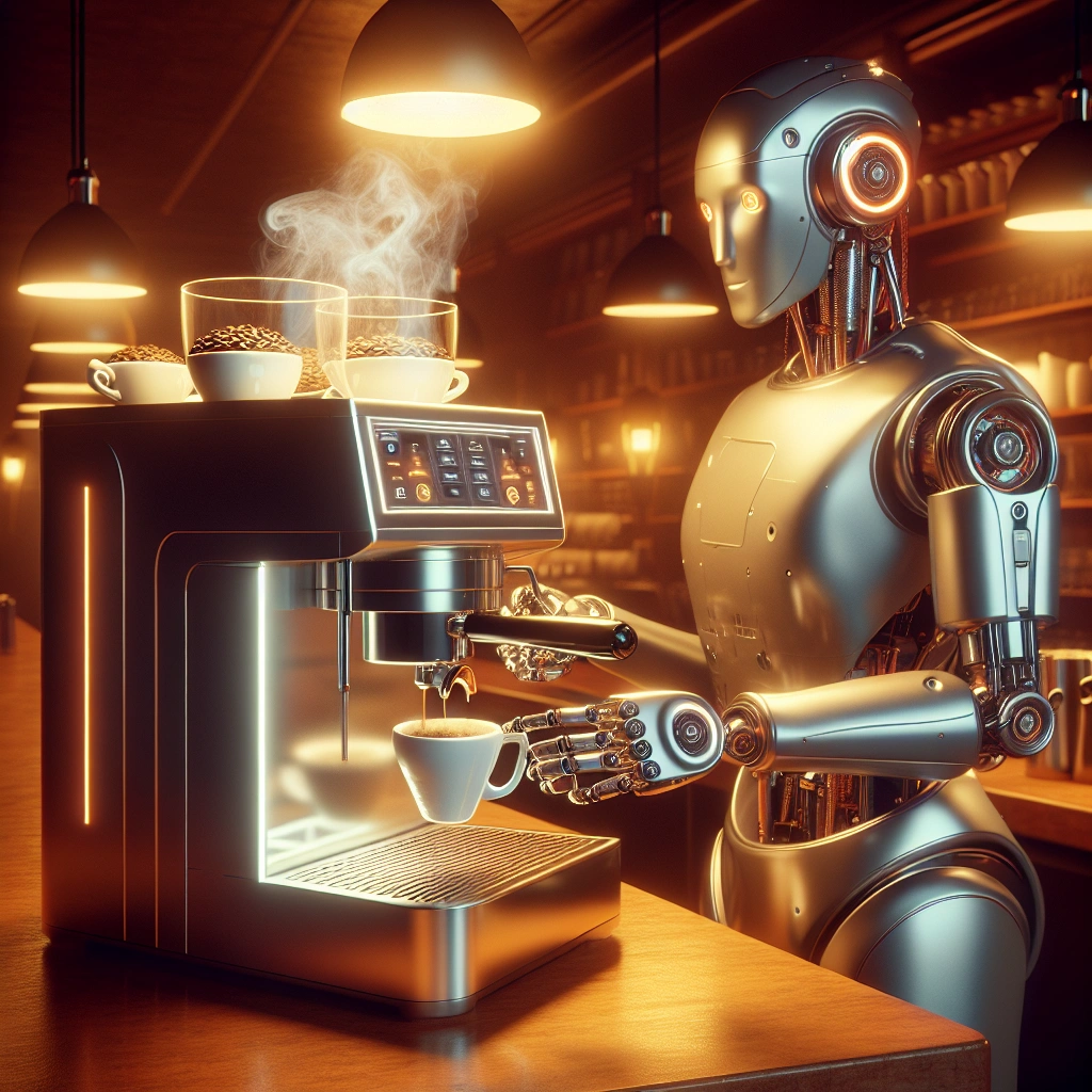 Futuristic robot barista making coffee, generated by DALL-E 3