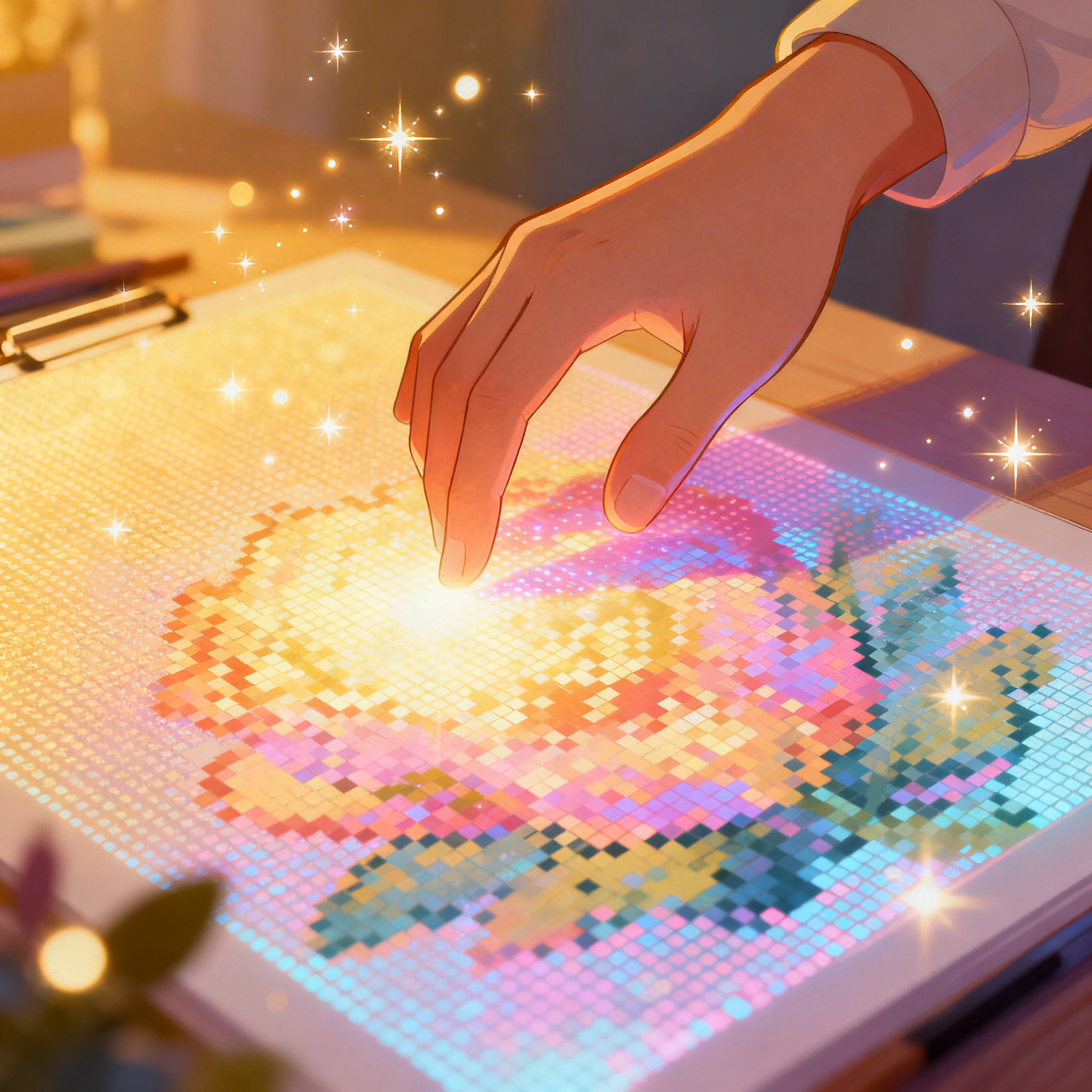 Colorful abstract digital artwork representing AI image generation with geometric shapes and glowing elements
