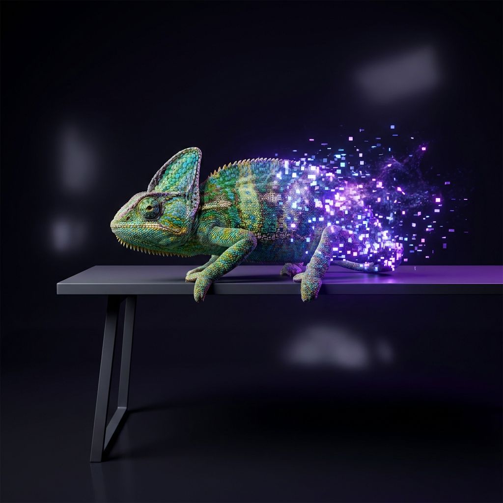 AI-generated chameleon dissolving into glowing digital pixels on a dark desk, created with Nano Banana Pro