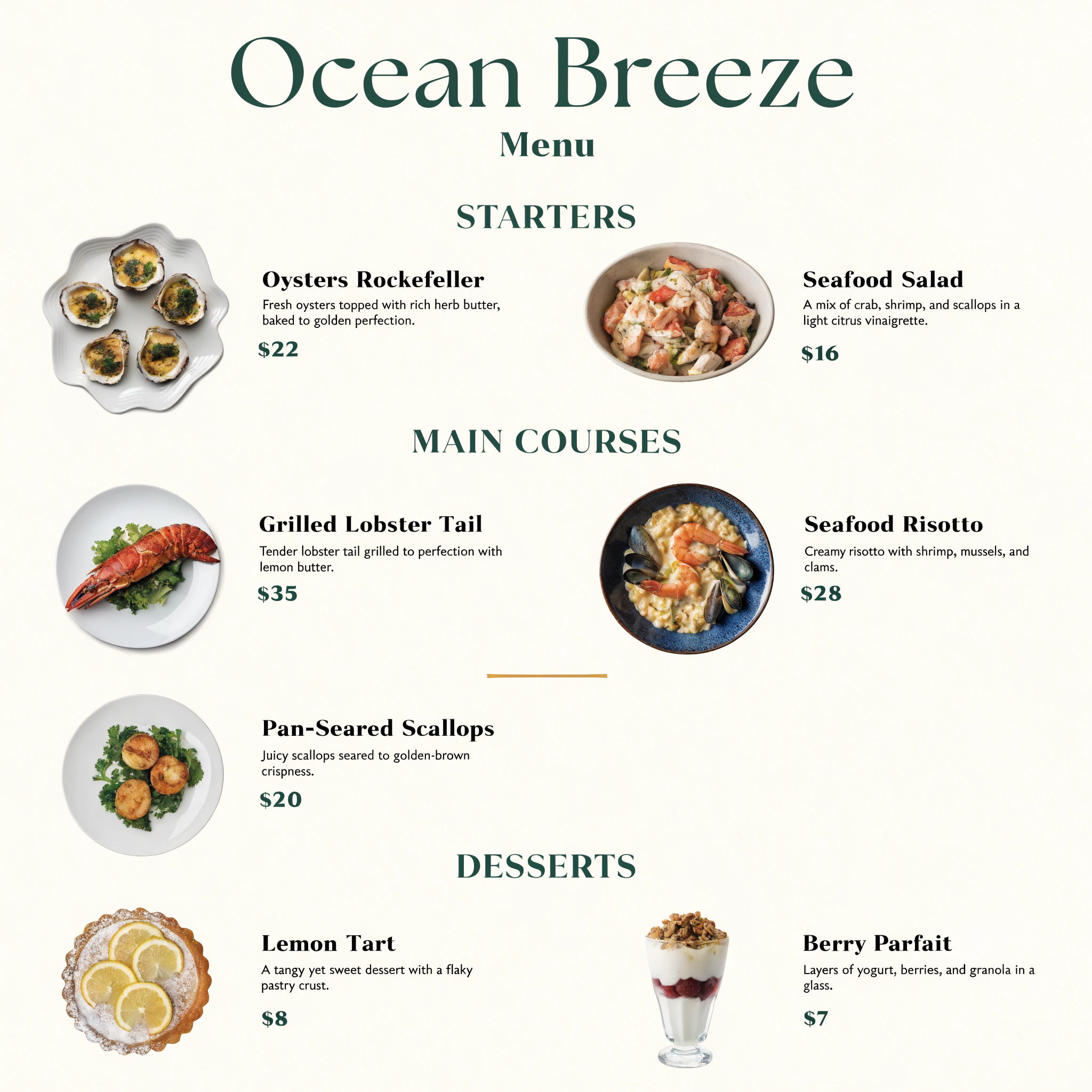 A single elegant minimalist restaurant menu card with refined serif typography on a soft cream background
